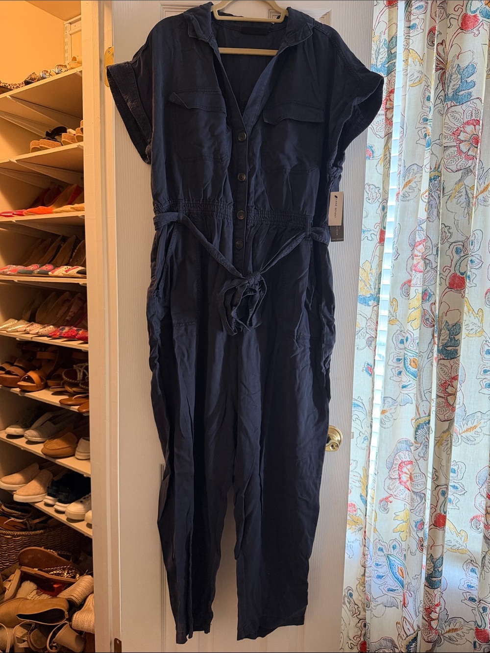Lane Bryant Navy Short-Sleeve Button-Front Jumpsuit with Waist Tie